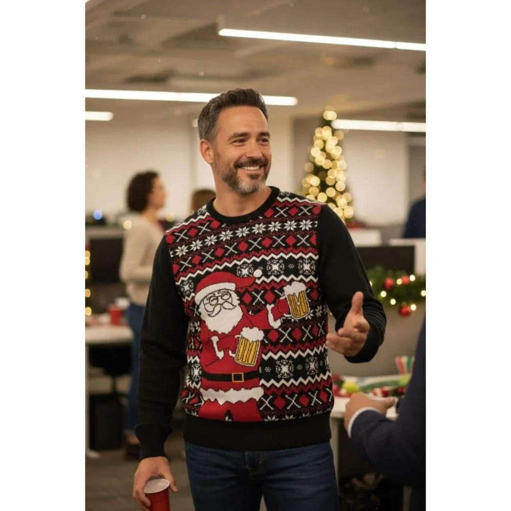 Men's XL Carbon Crewneck Sweater Santa Beer Xmas Holiday Party Funny Ugly Core
